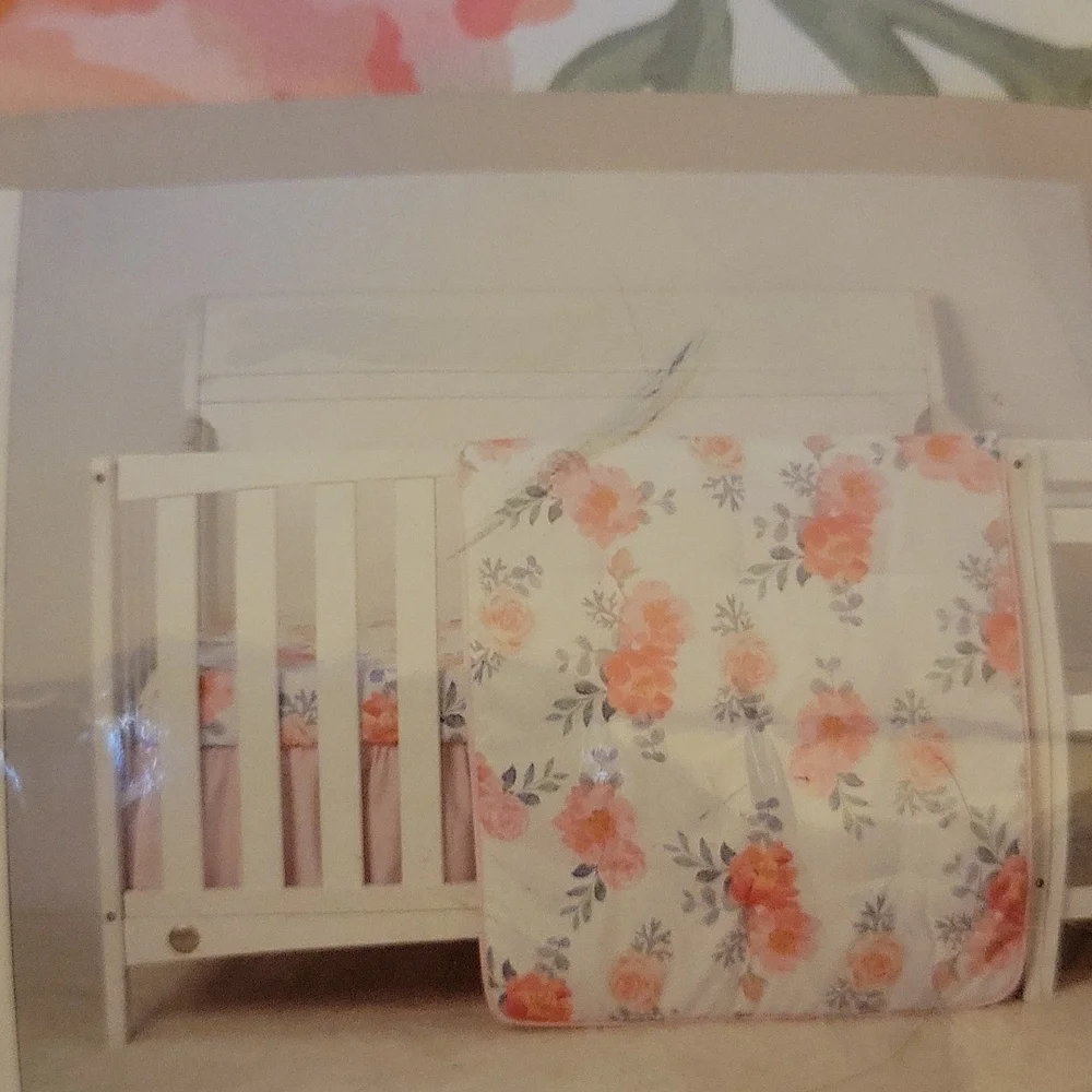 La Premura 2pc watercolor floral comforter bed skirt pastel pink crib size New …